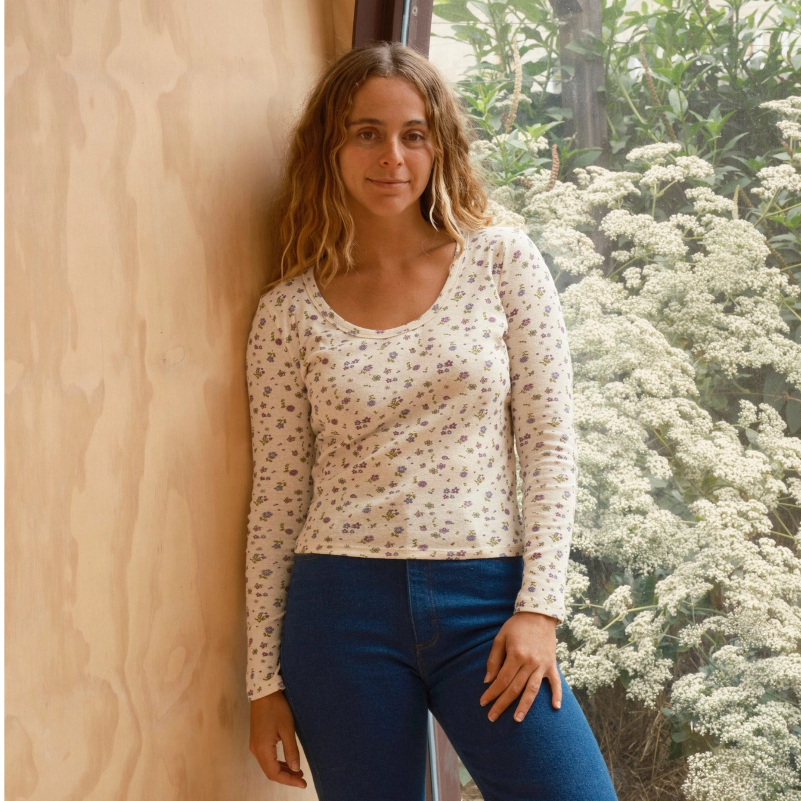 Long Sleeve Rib Tee - Lavender Floral