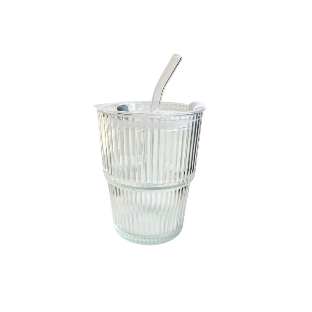 Ribbed Glass Mug with Lid + Straw