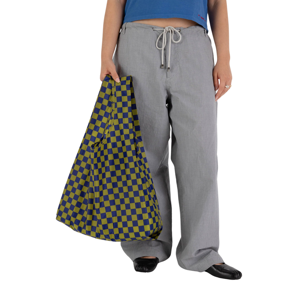 Pear + Navy Check Reusable Tote Bag