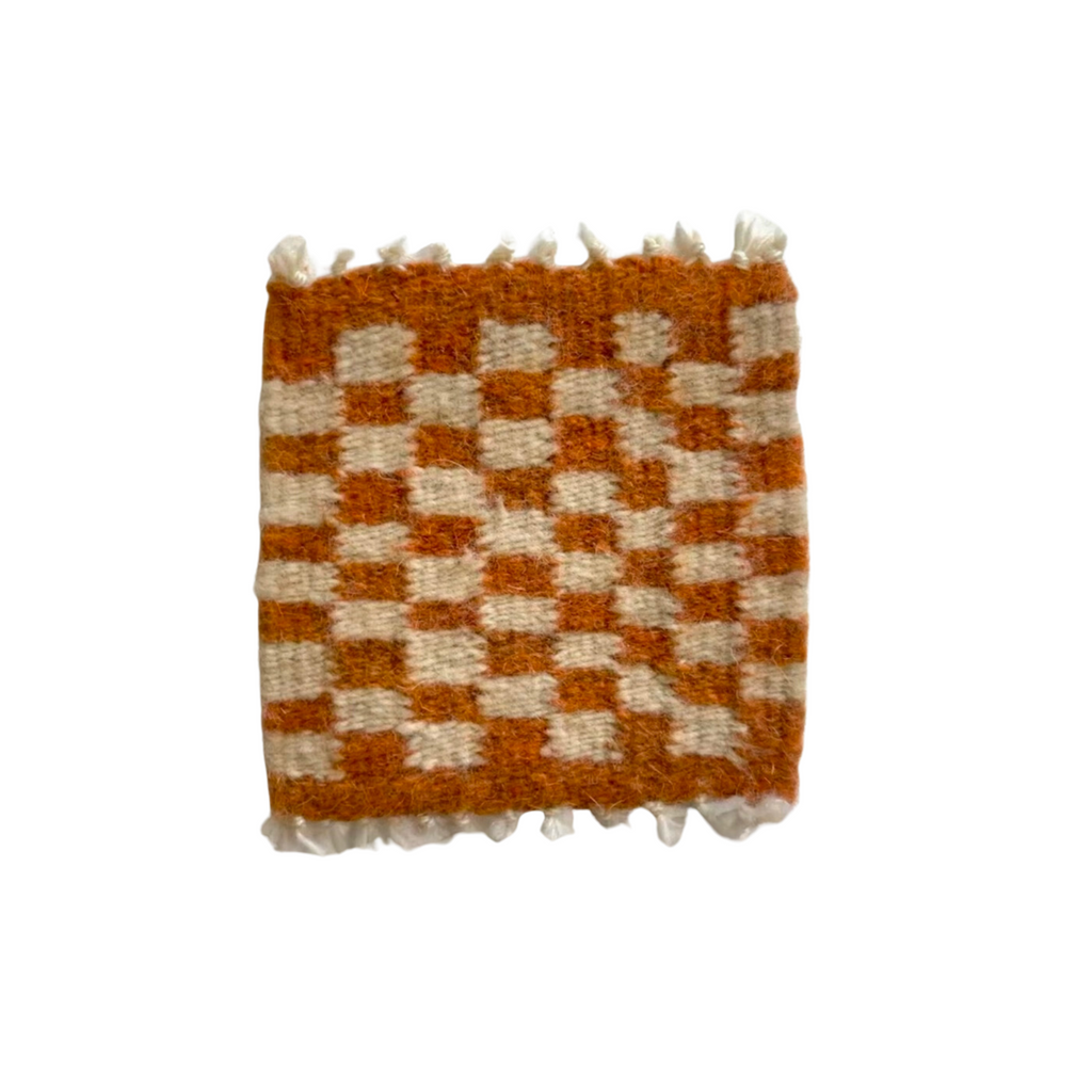 Handwoven Wool Rug Coaster Set - Papaya Checkered